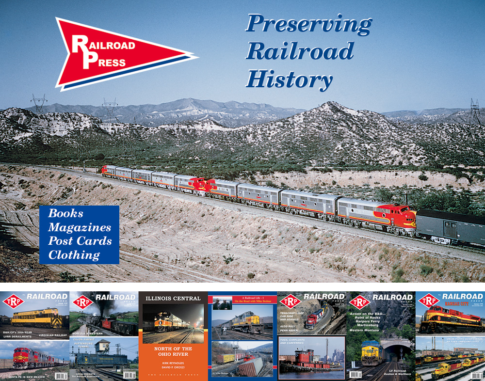 The Railroad Press Homepage Banner featuring red and silver Santa Fe F-units on train #24, the eastbound “Grand Canyon” near Alray
