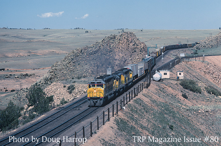Union Pacific freight train led by DDA40X Centennial double-diesel at Dale Jct., Wyoming, on Sherman Hill