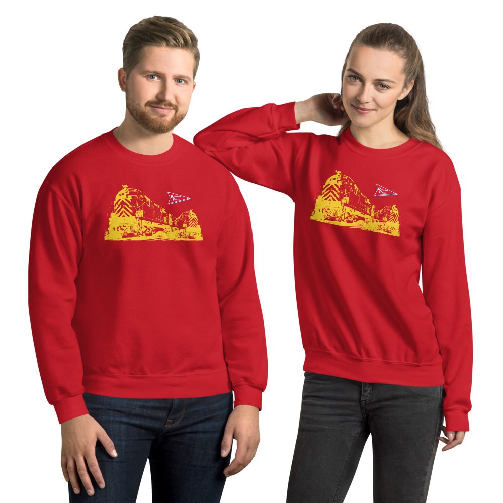 man and woman wearing The Railroad Press red sweatshirts