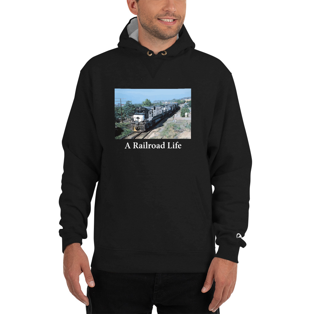 man wearing A Railroad Life hoodie sweatshirt with ALCO 628