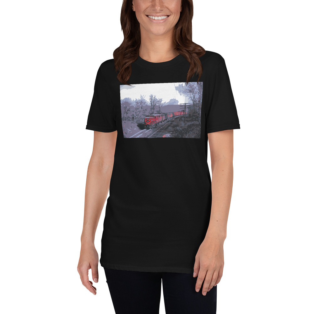 girl wearing LVRR ALCOs with train in Lehigh Gorge tee shirt