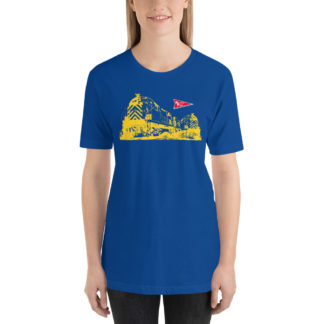 girl wearing the railroad press royal blue tee shirt