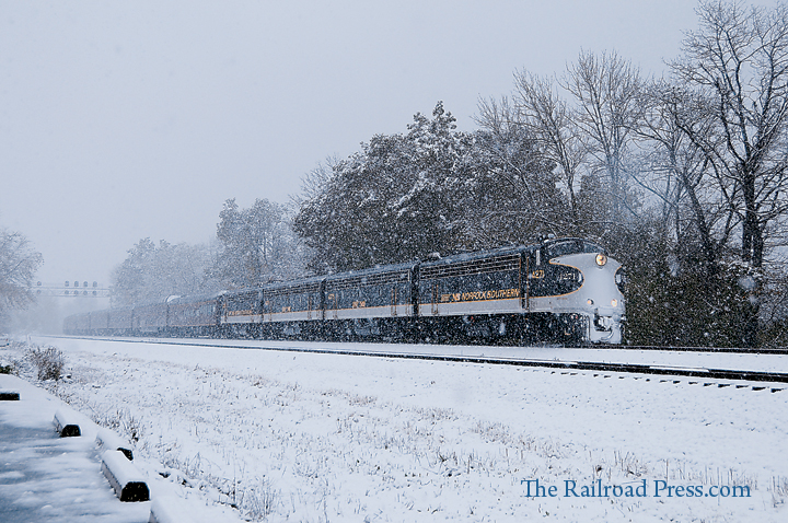 Norfolk Southern office train charges through the snow at Cove, Pennsylvania, on the former PRR main line near Harrisburg, behind F9 #4271