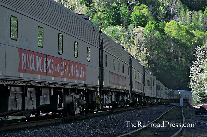 Ringling Brothers and Barnum & Bailey circus train passenger coaches at Itman, West Virginia, early in the morning.
