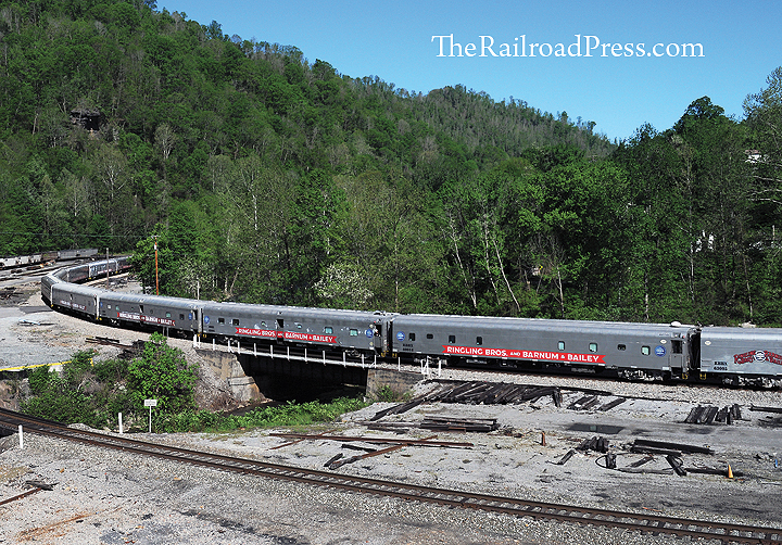 Ringling Brothers and Barnum & Bailey circus train passenger coaches on the wye at Elmore, West Virginia