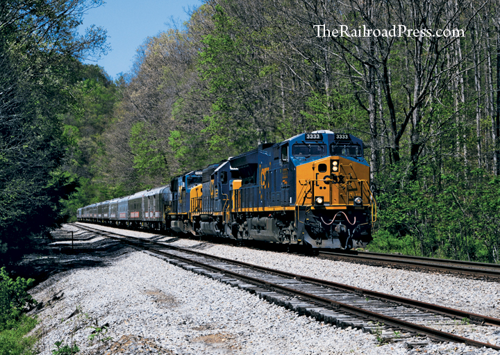 CSX ET44AH #3333 diesel locomotive leading the final Ringling Brothers and Barnum & Bailey circus train on the Princeton-Deepwater district north of Mullens, West Virginia.