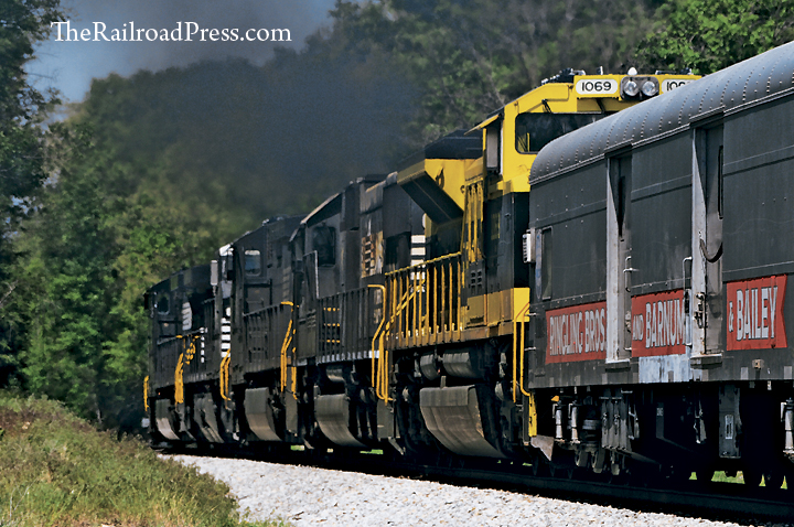 Norfolk Southern Virginian SD70ACe heritage unit #1069 trailing the consist at Sampson Virginia, on May 9, 2017, with the final Ringling Brothers and Barnum & Bailey circus train