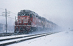 CB&Q Burlington and UP GP30s in snow Berwyn, Illinois, postcard
